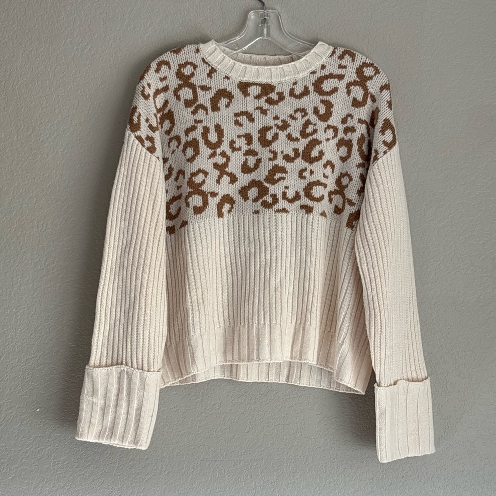 Nine West Cream and Brown Animal Print Knit Women’s Sweater L